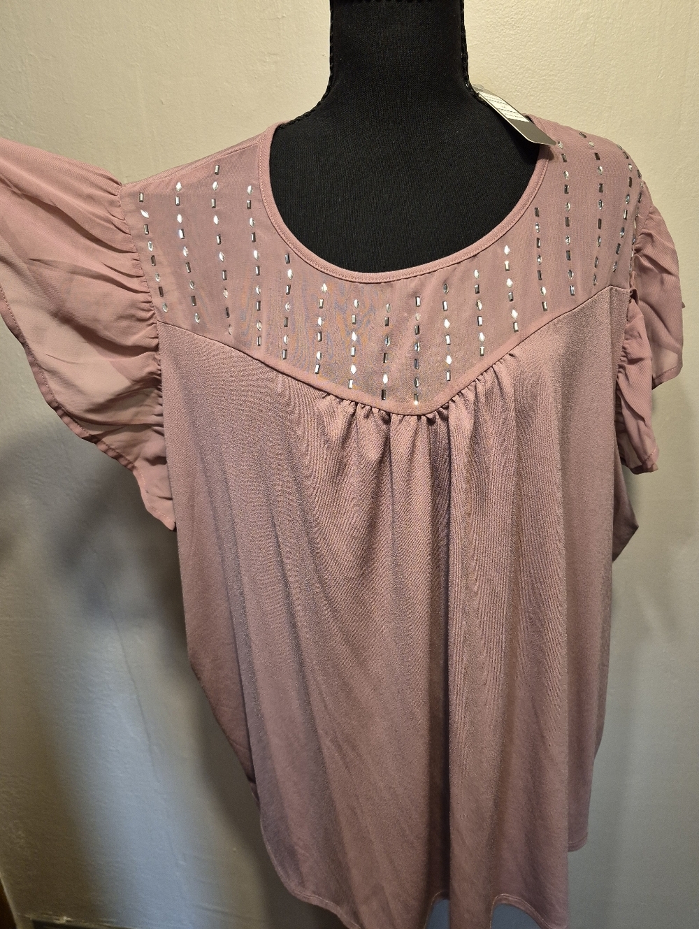 Belldini Cap Ruffle Sleeve Top With Sequence 3X Mauve New